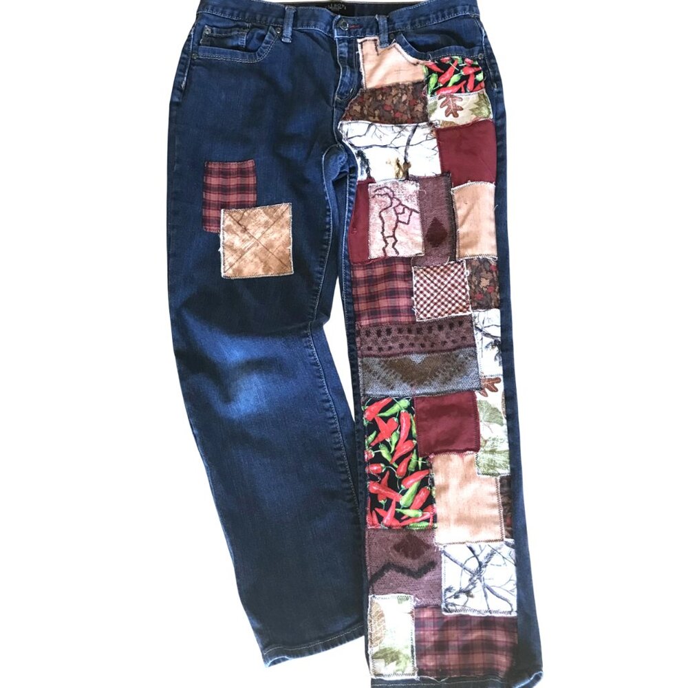 Upcycled Southwest Patchwork Jeans, Handmade Aztec Tribal Patches, Women's 12P